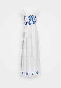 Witte mouwloze maxi-jurk met blauwe bladborduursels op lijfje en zoom, voorzien van gerimpelde schouderbandjes en een geplooide rok.