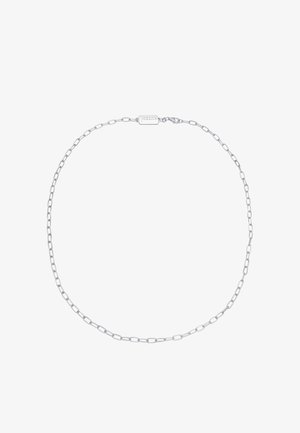 Silver chain necklace with elongated links, polished finish, and a clasp closure; features a small tag with the brand name.
