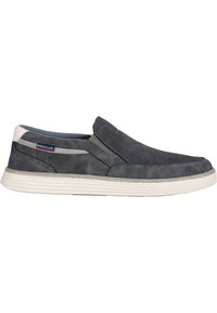 Schlüpferschuhe mit einem Obermaterial aus dunkelgrau leder, strukturierten Stoffakzenten und einer hellgrauen gummisohle. Mit elastischen seitlichen Einsätzen und Branding.