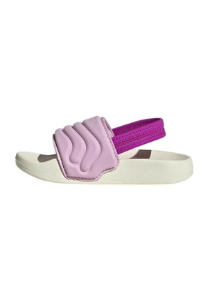 Sandalo per bambini con suola bianca, cinturino anteriore imbottito viola chiaro e cinturino elastico posteriore viola scuro.