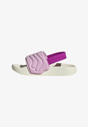 Sandalo per bambini con suola bianca, cinturino anteriore imbottito viola chiaro e cinturino elastico posteriore viola scuro.