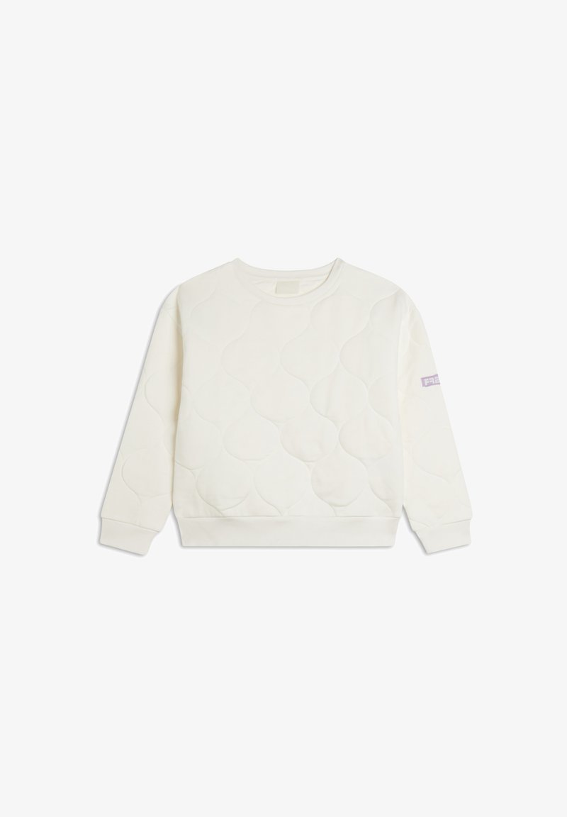 Felpa bianca trapuntata con motivi rotondi, collo tondo, polsini a coste e un piccolo dettaglio logo viola sulla manica sinistra.