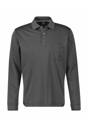 Donkergrijs, langärmelig poloshirt van gladde stof, met drieknopsbies en een borstzak aan de linkerkant met subtiele stiksels.