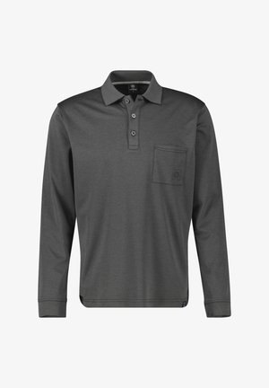 Donkergrijs, langärmelig poloshirt van gladde stof, met drieknopsbies en een borstzak aan de linkerkant met subtiele stiksels.