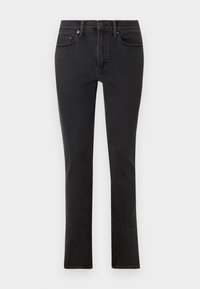 Jeans negros de mezclilla con un ajuste slim. Cuenta con cinco bolsillos, pasadores para cinturón y un cierre frontal con cremallera y botón. Textura suave.