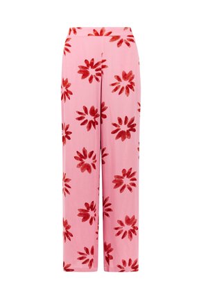 Roze broek met brede pijpen en een bloemmotief in rood. Gemaakt van lichtgewicht stof, met een hoge taille en een relaxte, vloeiende pasvorm.