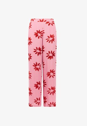 Roze broek met brede pijpen en een bloemmotief in rood. Gemaakt van lichtgewicht stof, met een hoge taille en een relaxte, vloeiende pasvorm.