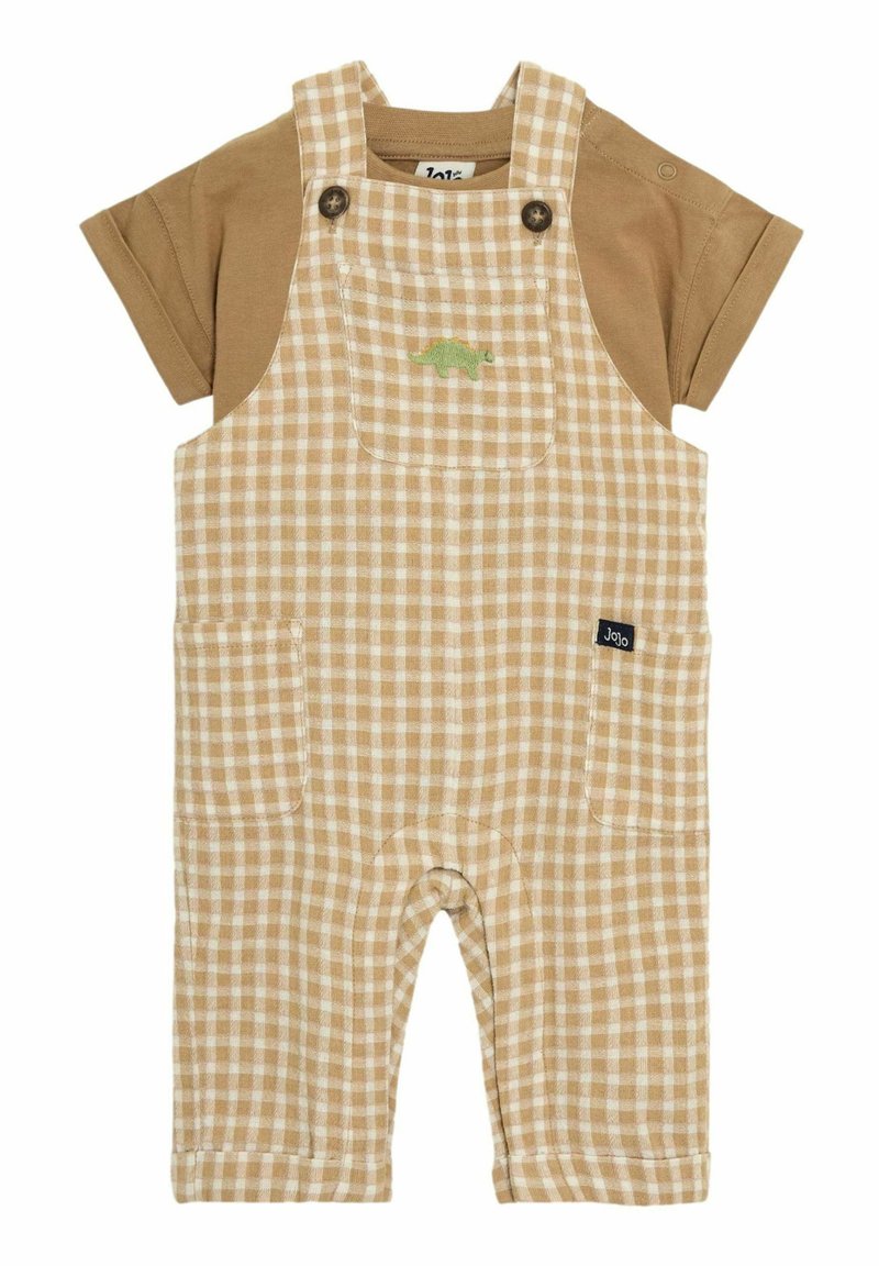 Bruna gingham-hängselbyxor med axelremmar, framficka med en grön dinosaurie, matchat med en brun kortärmad skjorta under.