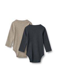 Deux bodysuits à manches longues : l'un en beige, l'autre en bleu marine foncé, fabriqués en tissu côtelé doux avec des encolures rondes et des fermetures à pressions.