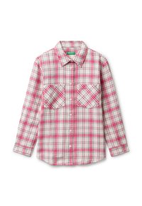 Camicia a maniche lunghe con motivo scozzese rosso e bianco, due tasche sul petto e colletto.