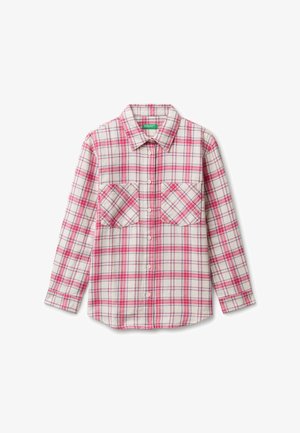 Long-sleeve button-up shirt with red and white plaid pattern, two chest pockets, and a collar.