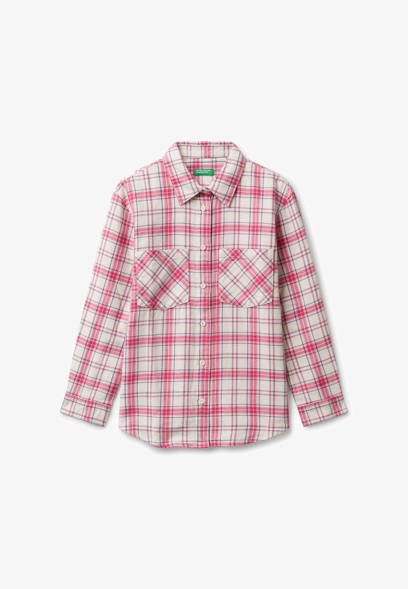 Camicia a maniche lunghe con motivo scozzese rosso e bianco, due tasche sul petto e colletto.