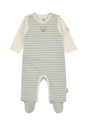 Baby-Strampler mit langen Ärmeln in Blau-weiß gestreift, mit Fußteil und kleinen Teddy-Aufnähern auf der Brust und am Ärmel.