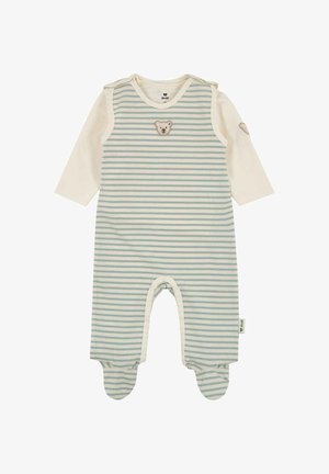 Body bébé à manches longues avec rayures bleues et blanches, jambes avec pieds intégrés, et un petit écusson d'ourson sur la poitrine et la manche.