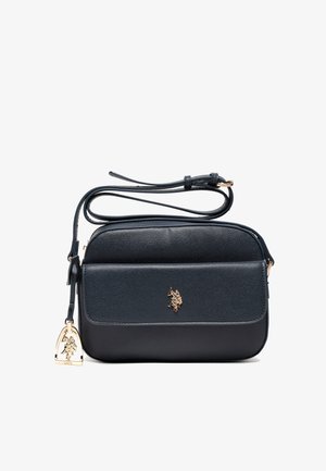 Borsa a tracolla in pelle blu navy con finitura testurizzata, dettagli in oro, patta frontale e logo. Include una tracolla regolabile.