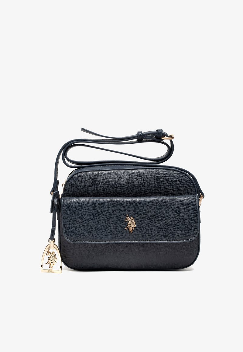 Borsa a tracolla in pelle blu navy con finitura testurizzata, dettagli in oro, patta frontale e logo. Include una tracolla regolabile.