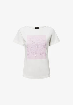 Weißes T-Shirt mit kurzen Ärmeln, das ein hellrosa quadratisches Grafikdesign mit floralen Motiven und Paillettenakzenten zeigt. Hergestellt aus weichem Baumwollmaterial.