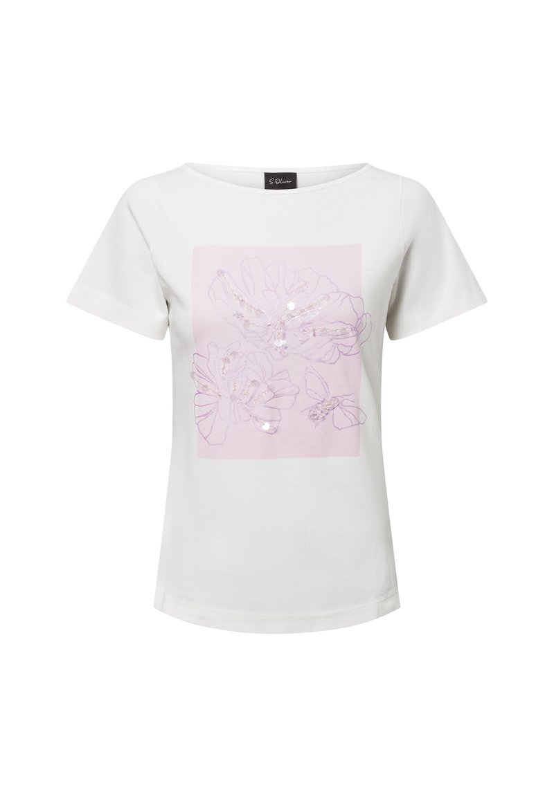 Weißes T-Shirt mit kurzen Ärmeln, das ein hellrosa quadratisches Grafikdesign mit floralen Motiven und Paillettenakzenten zeigt. Hergestellt aus weichem Baumwollmaterial.