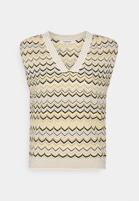 Dziewczęcy bezrękawnik z dekoltem w kształcie litery V, zdobiony zygzakowatym wzorem w odcieniach żółtego, czarnego i beżowego. Żebrowany dekolt i fakturowany materiał.