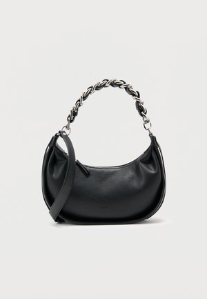 Black leather handbag with a rounded shape, dual strap featuring a chunky silver chain, and a zippered top closure. Smooth texture.