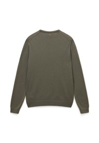 Olivgrüner Sweatshirt mit Rundhalsausschnitt, langen Ärmeln und Flachnähte. Verfügt über ein kleines Logetikett am Nacken.