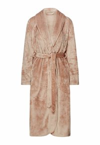 Soft beige long bathrobe with shawl collar, long sleeves, side pockets, and self-tie belt, plush fabric for comfort and warmth.