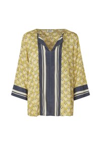 Blusa gialla a motivi con scollatura a V, maniche a tre quarti e strisce blu scuro. Presenta motivi floreali in blu e crema.