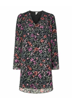 Vestito con stampa floreale, maniche lunghe, scollo a V, sfondo nero e fiori multicolori nelle tonalità di rosa, rosso e viola. Tessuto trasparente.