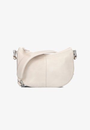 Crème leren handtas met een gebogen vorm, verstelbare strap en zilveren hardware accenten. Soepele textuur met gestikte paneeldetails.