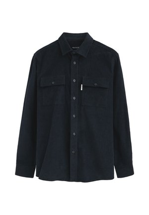 Dunkelblauses Cordhemd mit langen Ärmeln, Knopfleiste, zwei Brusttaschen und einem Kragen. Strukturiertes Gewebe, gestickte Akzente.