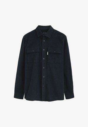 Donkerblauwe corduroy shirt met lange mouwen, knoopsluiting aan de voorkant, twee borstzakken en een kraag. Textuurstof, gestikte accenten.