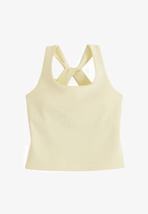 Blassgelbes ärmelloses Crop-Top mit breiten Trägern, die sich am Rücken kreuzen, und geradem Saum.