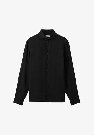 Črna dolga majica z dolgimi rokavi in pointed ovratnikom, sprednjimi gumbi in rahlo teksturirano tkanino. Naravnost krojena in klasičnega stila.