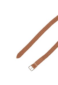Braided tan leather belt with a smooth end and metal buckle. The belt has a textured pattern and a flat design.