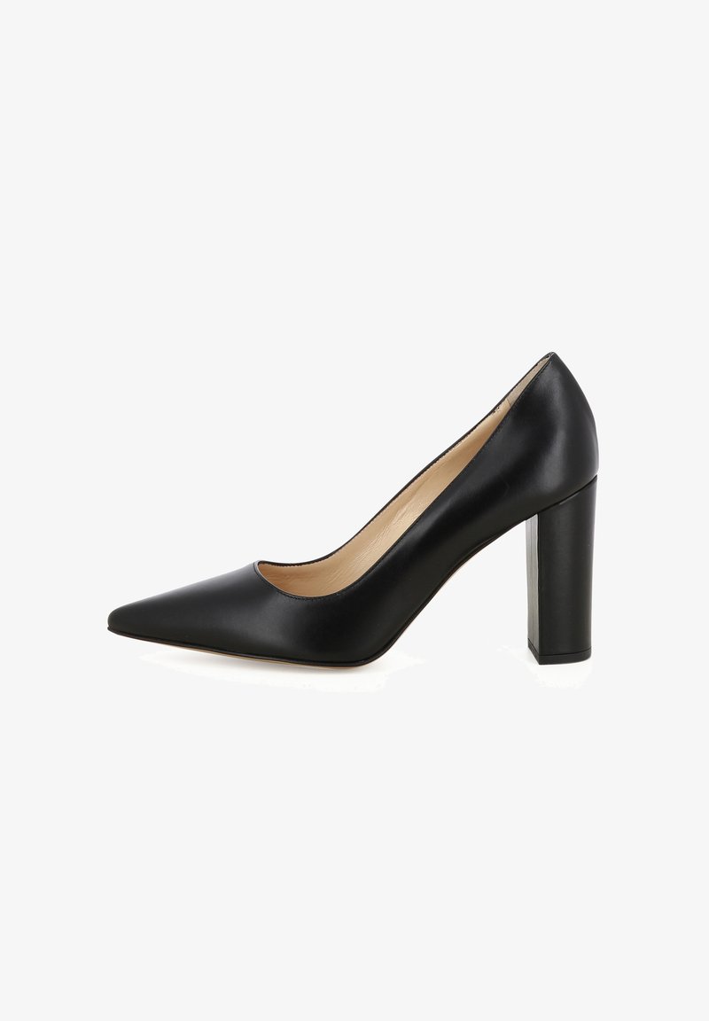 Escarpin noir en cuir avec un bout pointu et un talon bloc. Texture lisse avec un léger éclat, arborant un design minimaliste.