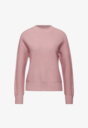 Pull en tricot rose avec un motif en côtes diagonales sur le devant et des manches à côtes horizontales, col rond et poignets ajustés.