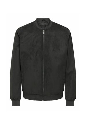 Zwarte bomberjack met een rits aan de voorkant, geribde kraag, manchetten en zoom, voorzien van steekzakken en een gladde stoftextuur.