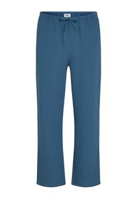 Blue, lightweight, textured pants with an elastic waistband, adjustable drawstring, and straight legs. Suitable for casual wear.
