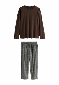 Long-sleeve brown shirt made of soft fabric above gray plaid pajama pants with an elastic waistband and drawstring, featuring a check pattern.