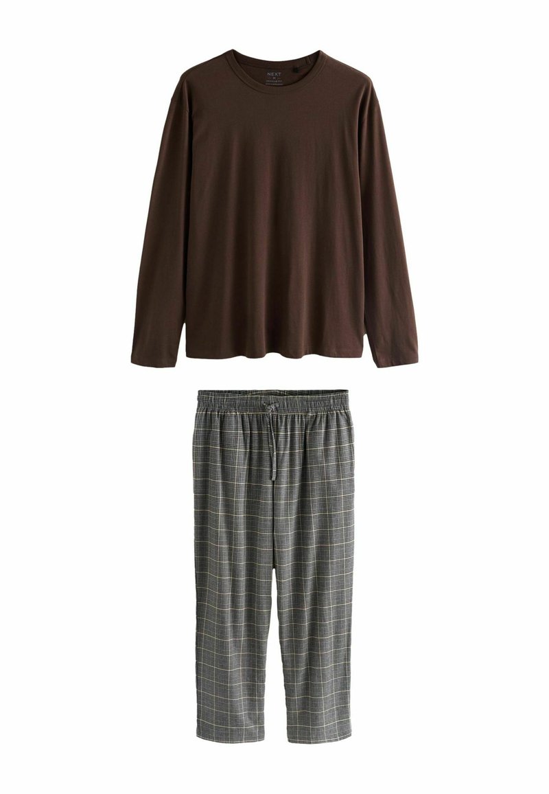 Long-sleeve brown shirt made of soft fabric above gray plaid pajama pants with an elastic waistband and drawstring, featuring a check pattern.