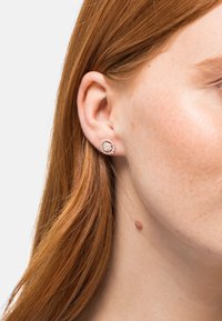 Runde Stud-Ohrringe mit einem zentralen klaren Edelstein, umgeben von kleineren weißen Steinen, in Metall mit polierter Oberfläche gefasst.