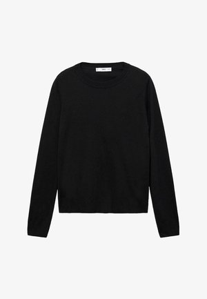 Pull noir à manches longues en matière douce avec un col rond et des poignets côtelés, présentant un design simple et droit.