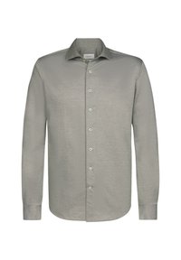 Långärmad skjorta med knappar i ljusgrått, med en subtil mönstrad textur, klassisk krage och vita knappar.
