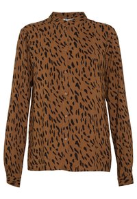 Braune Bluse mit langen Ärmeln und Mandarin-Kragen, ausgestattet mit einem schwarzen abstrakten Muster, Knopfverschluss vorne und einer lockeren Passform. Weicher Stoff.