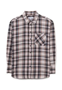 Camicia a quadri in tessuto morbido, caratterizzata da tonalità di rosa, marrone e blu. Include una tasca sul petto e bottoni neri.