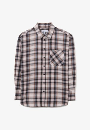 Karierte Hemdjacke aus weichem Stoff in den Farbtönen Rosa, Braun und Blau. Mit einer Brusttasche und schwarzen Knöpfen.