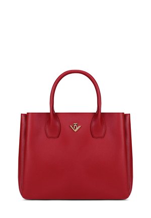 Red leather tote bag with two short handles, a gold logo accent, smooth texture, and a structured rectangular shape.