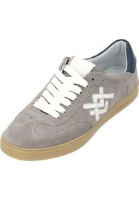 Gray suede sneakers with a white logo, white laces, and a navy blue heel accent; features a rubber sole and stitched detailing.