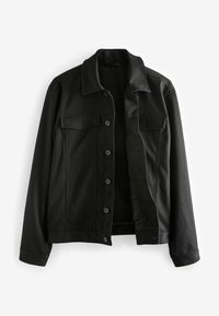 Sort jakke med krave, frontknapper, to brystlommer og en glat tekstur med en let afslappet pasform.