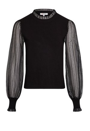 Maglione nero con collo alto e corpino solido, caratterizzato da maniche a sbuffo trasparenti con motivo a rete e polsini a coste.